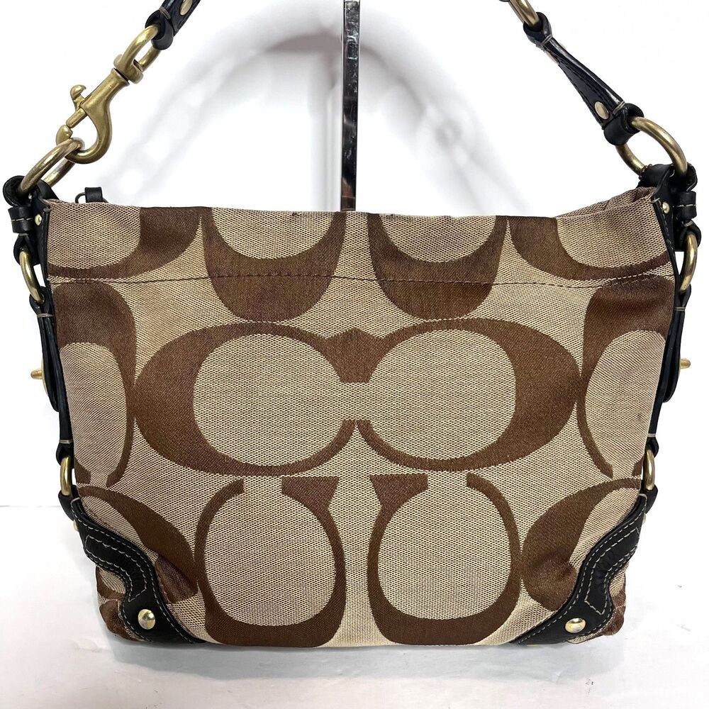 Coach Vintage Signature Carly Hobo Shoulder Bag Jacquard Brass Leather